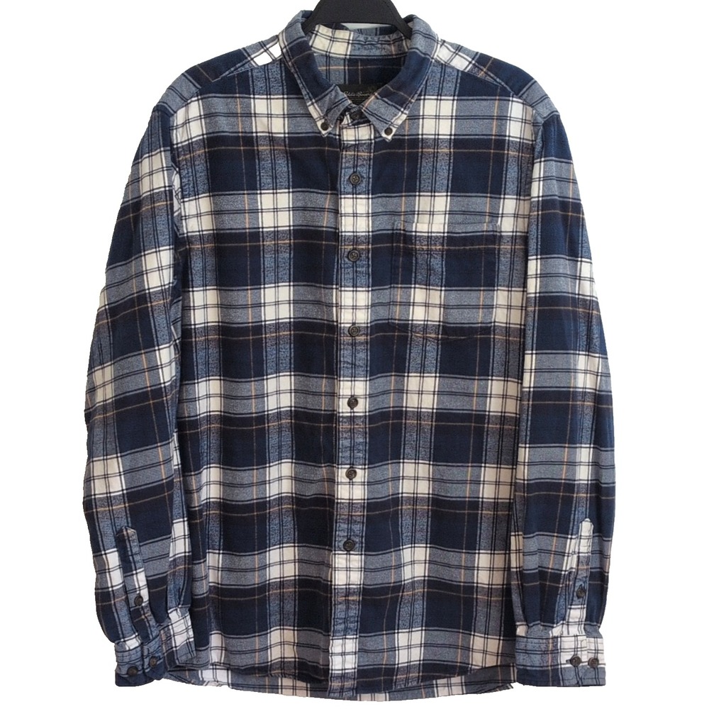 Eddie Bauer Blue Plaid Flannel Button-Down Men's L Cotton Rugged Heritage Cabin